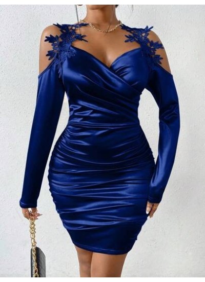 SXY Appliques Cold Shoulder Ruched Satin Bodycon Dress - Choose Your Size