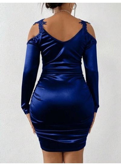 SXY Appliques Cold Shoulder Ruched Satin Bodycon Dress - Choose Your Size