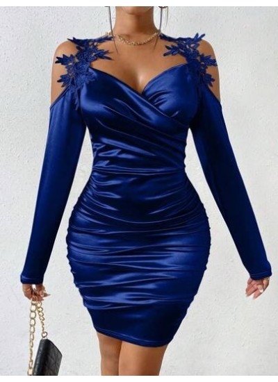 SXY Appliques Cold Shoulder Ruched Satin Bodycon Dress - Choose Your Size