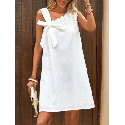 Clasi Guipure Lace Trim Knot Side Asymmetrical Neck Tunic Dress - Choose Your S