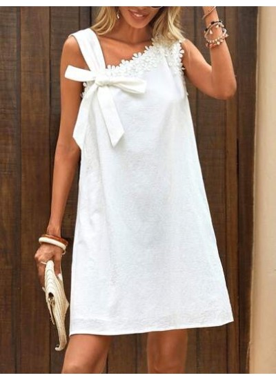 Clasi Guipure Lace Trim Knot Side Asymmetrical Neck Tunic Dress - Choose Your S