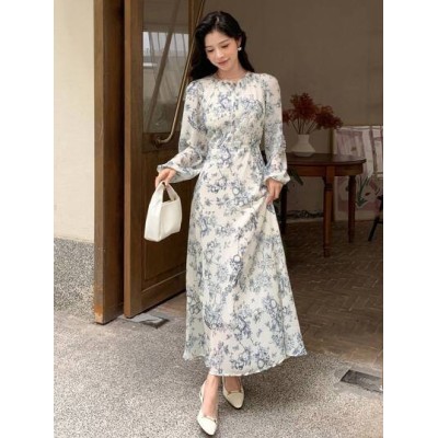 Allover Floral Print Tie Neck Lantern Sleeve Dress - Choose Your Size