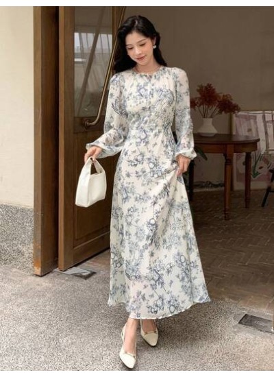 Allover Floral Print Tie Neck Lantern Sleeve Dress - Choose Your Size