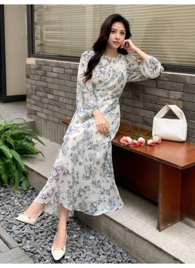 Allover Floral Print Tie Neck Lantern Sleeve Dress - Choose Your Size