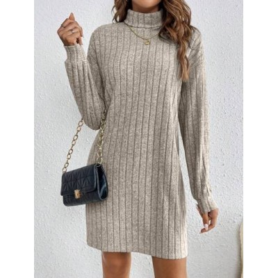 Frenchy Solid Color High Neck Long Sleeve Textured Fabric Dress - Choose Your S