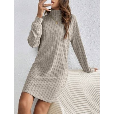 Frenchy Solid Color High Neck Long Sleeve Textured Fabric Dress - Choose Your S