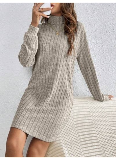 Frenchy Solid Color High Neck Long Sleeve Textured Fabric Dress - Choose Your S