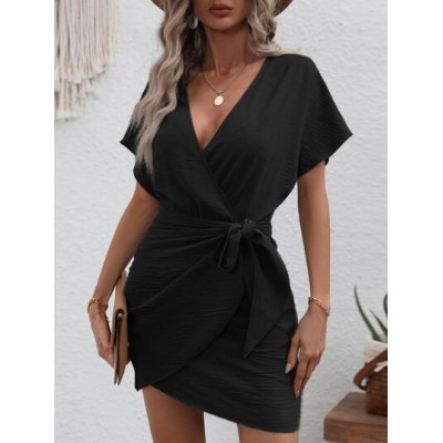 LUNE Dolman Sleeve Overlap Collar Wrap Hem Tie Front Dress - Choose Your Size