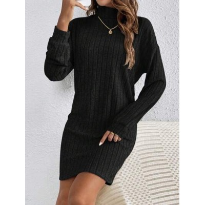 Frenchy Women.s Turtleneck Long Sleeve Ribbed Bodycon Textured Fabric Black Dre