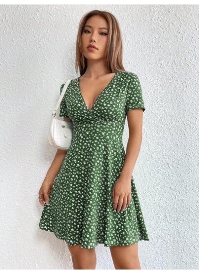 EZwear Women Spring/Summer Elegant Wrap Heart Polka Dot Print V-Neck Short Slee