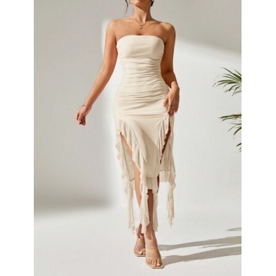 PETITE Women.s Strapless Dress With Pleats And Asymmetric Hemline - Choose Your