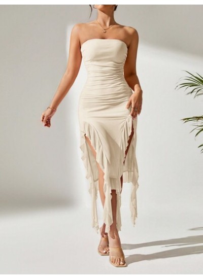 PETITE Women.s Strapless Dress With Pleats And Asymmetric Hemline - Choose Your