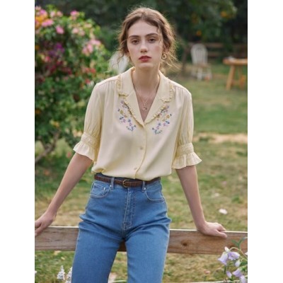 Floral Embroidered Frilled Shirred Puff Sleeve Blouse - Choose Your Size