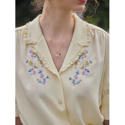 Floral Embroidered Frilled Shirred Puff Sleeve Blouse - Choose Your Size