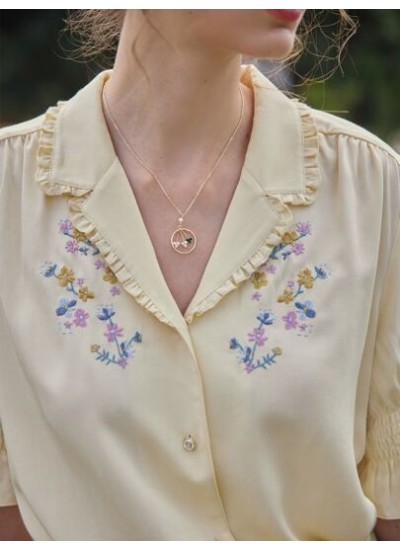 Floral Embroidered Frilled Shirred Puff Sleeve Blouse - Choose Your Size