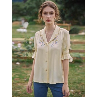 Floral Embroidered Frilled Shirred Puff Sleeve Blouse - Choose Your Size