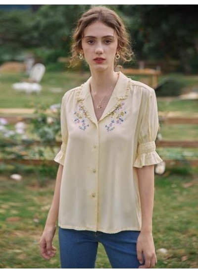 Floral Embroidered Frilled Shirred Puff Sleeve Blouse - Choose Your Size