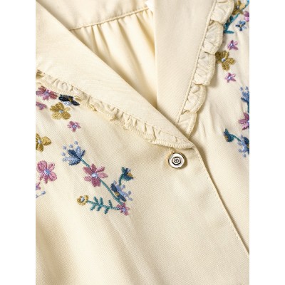 Floral Embroidered Frilled Shirred Puff Sleeve Blouse - Choose Your Size