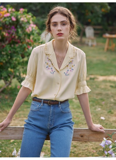 Floral Embroidered Frilled Shirred Puff Sleeve Blouse - Choose Your Size