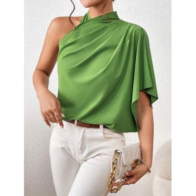 Privé Solid Asymmetrical Neck Ruched Detail Blouse - Choose Your Size