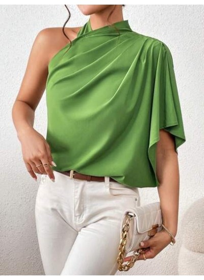 Privé Solid Asymmetrical Neck Ruched Detail Blouse - Choose Your Size