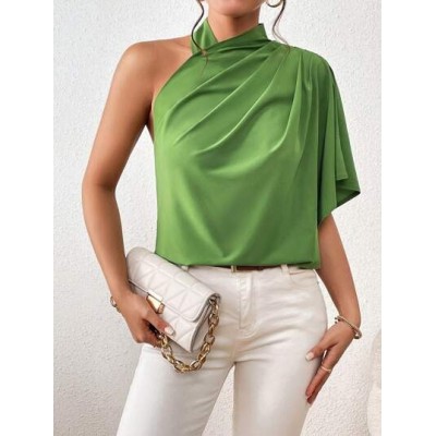 Privé Solid Asymmetrical Neck Ruched Detail Blouse - Choose Your Size