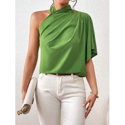 Privé Solid Asymmetrical Neck Ruched Detail Blouse - Choose Your Size