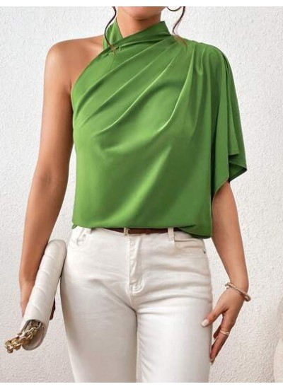 Privé Solid Asymmetrical Neck Ruched Detail Blouse - Choose Your Size