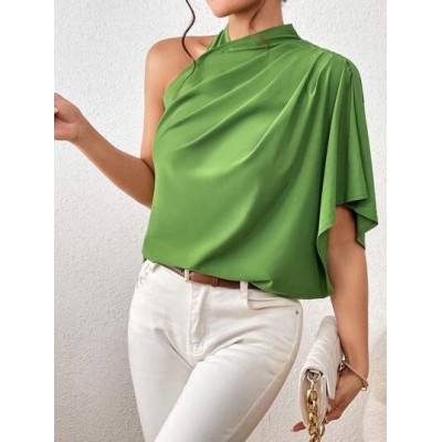 Privé Solid Asymmetrical Neck Ruched Detail Blouse - Choose Your Size