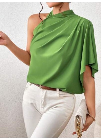 Privé Solid Asymmetrical Neck Ruched Detail Blouse - Choose Your Size