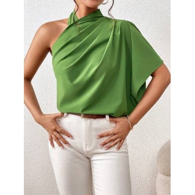 Privé Solid Asymmetrical Neck Ruched Detail Blouse - Choose Your Size