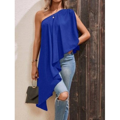 VCAY One Shoulder Asymmetrical Hem Blouse Asymmetrical Top - Choose Your Size