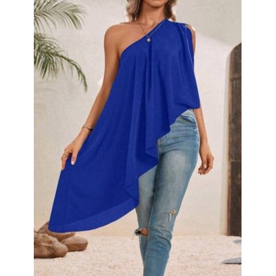 VCAY One Shoulder Asymmetrical Hem Blouse Asymmetrical Top - Choose Your Size