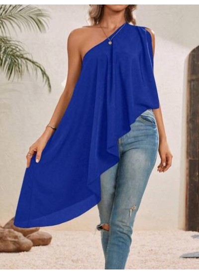 VCAY One Shoulder Asymmetrical Hem Blouse Asymmetrical Top - Choose Your Size