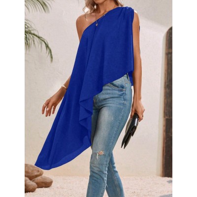 VCAY One Shoulder Asymmetrical Hem Blouse Asymmetrical Top - Choose Your Size