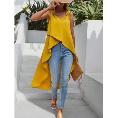 VCAY Solid Asymmetrical Hem Sleeveless Blouse - Choose Your Size