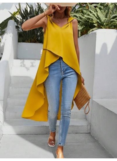 VCAY Solid Asymmetrical Hem Sleeveless Blouse - Choose Your Size