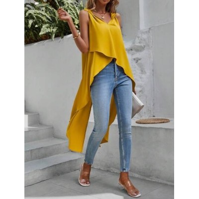 VCAY Solid Asymmetrical Hem Sleeveless Blouse - Choose Your Size