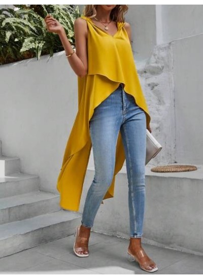 VCAY Solid Asymmetrical Hem Sleeveless Blouse - Choose Your Size