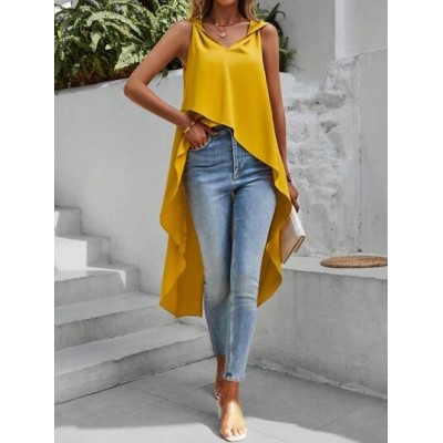 VCAY Solid Asymmetrical Hem Sleeveless Blouse - Choose Your Size