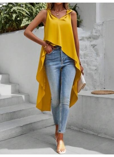 VCAY Solid Asymmetrical Hem Sleeveless Blouse - Choose Your Size