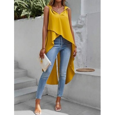 VCAY Solid Asymmetrical Hem Sleeveless Blouse - Choose Your Size