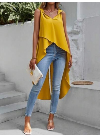 VCAY Solid Asymmetrical Hem Sleeveless Blouse - Choose Your Size