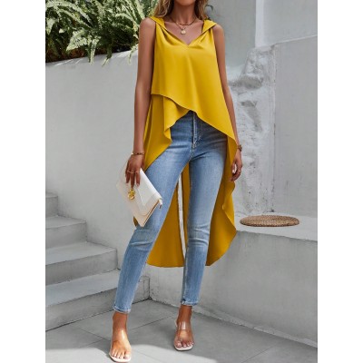 VCAY Solid Asymmetrical Hem Sleeveless Blouse - Choose Your Size