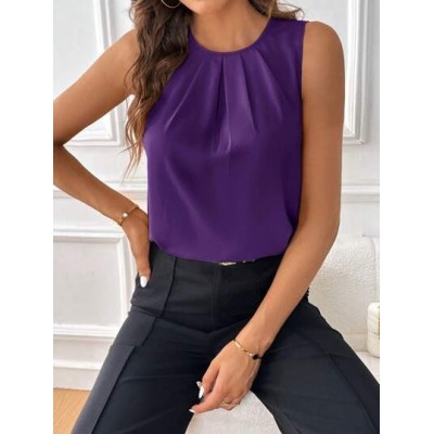 Clasi Women.s Solid Color Pleated Sleeveless Blouse - Choose Your Size