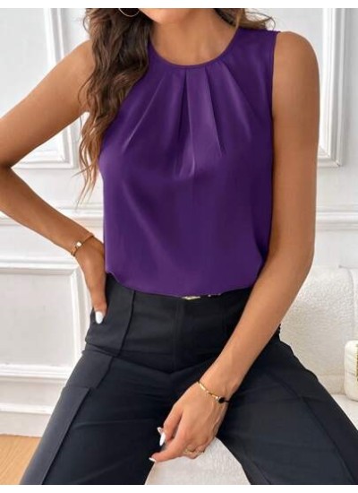 Clasi Women.s Solid Color Pleated Sleeveless Blouse - Choose Your Size