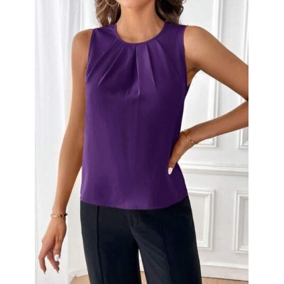 Clasi Women.s Solid Color Pleated Sleeveless Blouse - Choose Your Size