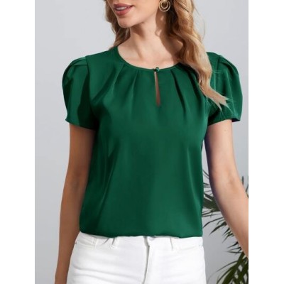 Clasi Solid Puff Sleeve Keyhole Neckline Top - Choose Your Size