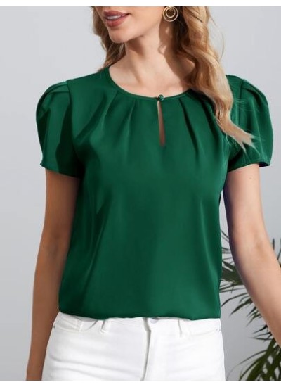 Clasi Solid Puff Sleeve Keyhole Neckline Top - Choose Your Size