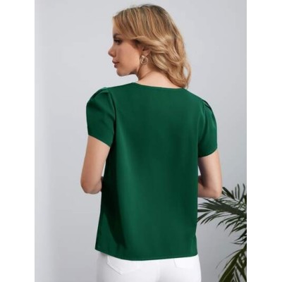 Clasi Solid Puff Sleeve Keyhole Neckline Top - Choose Your Size